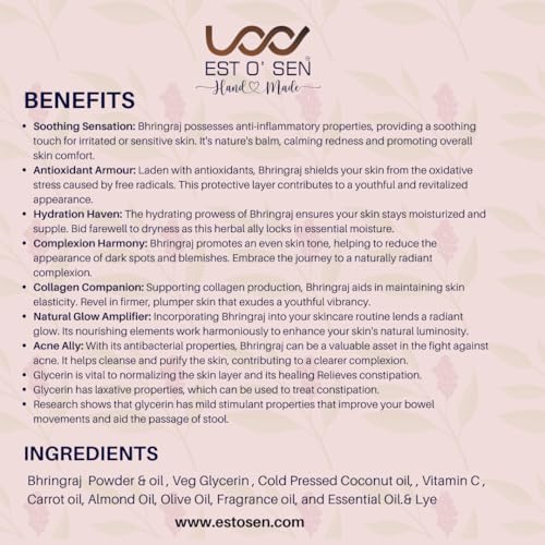 Estosen Bhringraj Veg Glycerin Premium Handmade Hair Care Soap- 100% organic - Ashwagandha powder &amp; Oil, Veg Glycerin, Cold Pressed Coconut oil -100% Paraben Free -Sulphate Free -No Synthetic Colours 85GM (FROM INDIA)JEZ - View 5 of 7