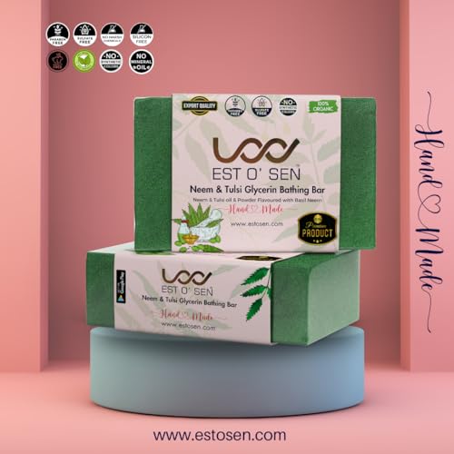 Estosen Organic Neem Tulsi Veg Glycerin Premium Handmade Soap- 100% organic - Neem Tulsi powder &amp; Oil, Veg Glycerin, Cold Pressed Coconut oil -100% Paraben Free -Sulphate Free -No Synthetic Colours(FROM INDIA)JEZ - View 2 of 7