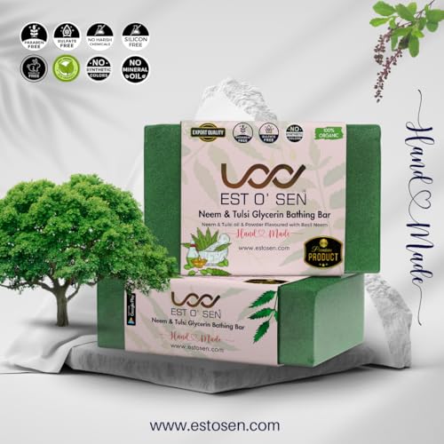 Estosen Organic Neem Tulsi Veg Glycerin Premium Handmade Soap- 100% organic - Neem Tulsi powder &amp; Oil, Veg Glycerin, Cold Pressed Coconut oil -100% Paraben Free -Sulphate Free -No Synthetic Colours(FROM INDIA)JEZ - View 5 of 7