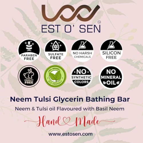 Estosen Organic Neem Tulsi Veg Glycerin Premium Handmade Soap- 100% organic - Neem Tulsi powder &amp; Oil, Veg Glycerin, Cold Pressed Coconut oil -100% Paraben Free -Sulphate Free -No Synthetic Colours(FROM INDIA)JEZ - View 7 of 7