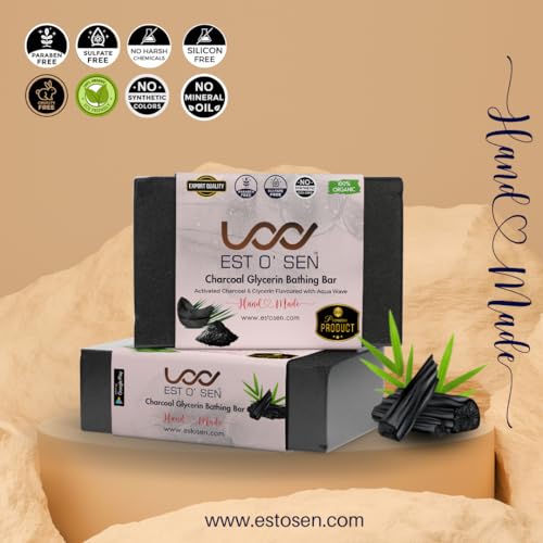 Estosen Handmade Activated Charcoal Glycerin Premium soap- 100% organic - Activated Charcoal- Veg Glycerin, Cold Pressed Coconut oil -100% Paraben Free -Sulphate Free -No Synthetic Colours(FROM INDIA)JEZ - View 2 of 7