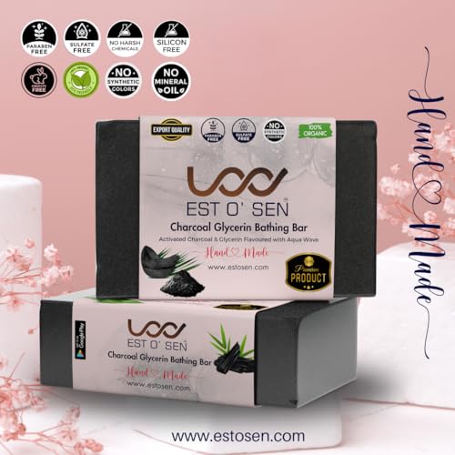 Estosen Handmade Activated Charcoal Glycerin Premium soap- 100% organic - Activated Charcoal- Veg Glycerin, Cold Pressed Coconut oil -100% Paraben Free -Sulphate Free -No Synthetic Colours(FROM INDIA)JEZ - View 5 of 7