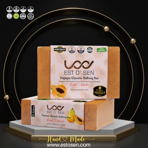 Estosen Papaya Glycerin Premium Handmade Soap- 100% organic - Red lady Papaya Powder &amp; oil - Veg Glycerin, Cold Pressed Coconut oil -100% Paraben - Free -Sulphate Free - No Synthetic Colours 85GM (FROM INDIA)JEZ - View 2 of 7