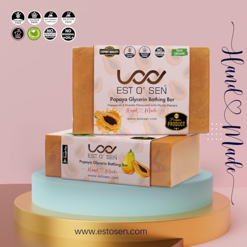 Estosen Papaya Glycerin Premium Handmade Soap- 100% organic - Red lady Papaya Powder &amp; oil - Veg Glycerin, Cold Pressed Coconut oil -100% Paraben - Free -Sulphate Free - No Synthetic Colours 85GM (FROM INDIA)JEZ - View 5 of 7