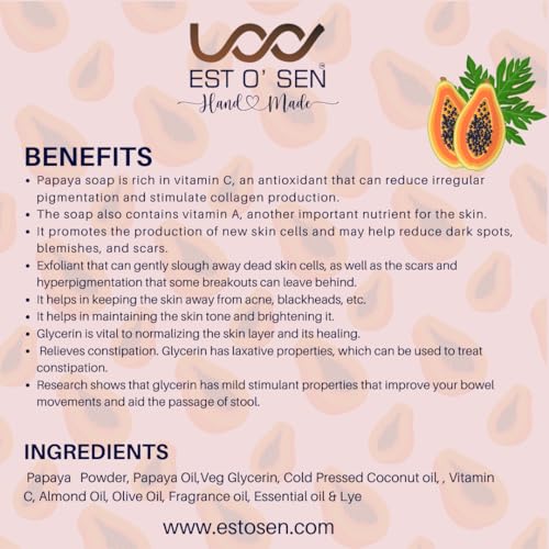 Estosen Papaya Glycerin Premium Handmade Soap- 100% organic - Red lady Papaya Powder &amp; oil - Veg Glycerin, Cold Pressed Coconut oil -100% Paraben - Free -Sulphate Free - No Synthetic Colours 85GM (FROM INDIA)JEZ - View 6 of 7