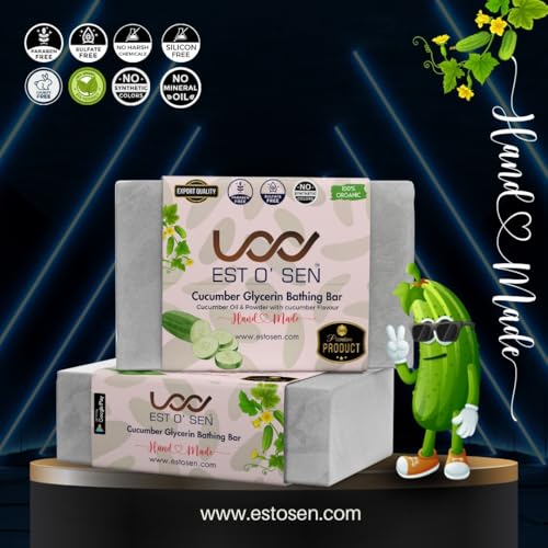 Estosen Cucumber Glycerin Handmade Premium Soap- 100% organic - Organic Cucumber Powder &amp; oil - Veg Glycerin - Cold Pressed Coconut oil -100% Paraben - Free -Sulphate Free - No Synthetic Colours(FROM INDIA)JEZ - View 2 of 7