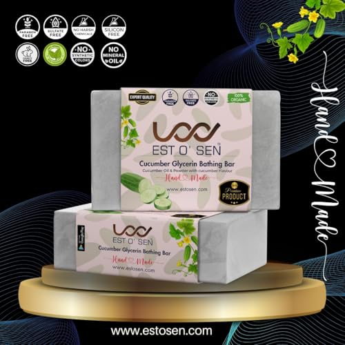 Estosen Cucumber Glycerin Handmade Premium Soap- 100% organic - Organic Cucumber Powder &amp; oil - Veg Glycerin - Cold Pressed Coconut oil -100% Paraben - Free -Sulphate Free - No Synthetic Colours(FROM INDIA)JEZ - View 6 of 7