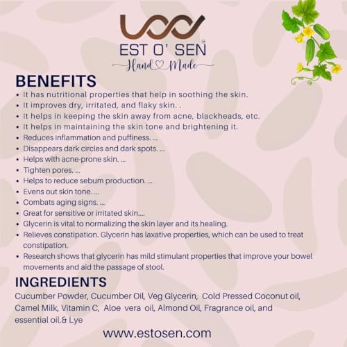 Estosen Cucumber Glycerin Handmade Premium Soap- 100% organic - Organic Cucumber Powder &amp; oil - Veg Glycerin - Cold Pressed Coconut oil -100% Paraben - Free -Sulphate Free - No Synthetic Colours(FROM INDIA)JEZ - View 7 of 7