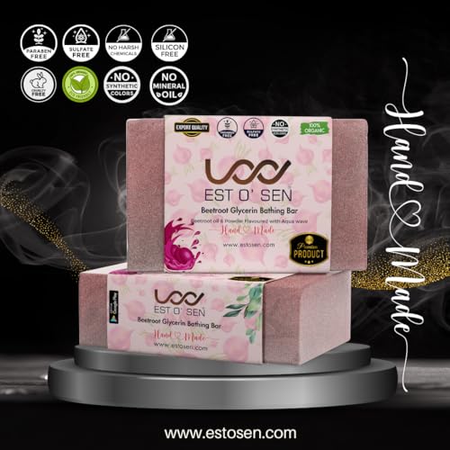 Estosen Beetroot Veg Glycerin Hand made Premium Soap - 100% organic - Organic Cucumber Powder &amp; oil - Veg Glycerin - Cold Pressed Coconut oil -100%Paraben - Free -Sulphate Free - No Synthetic Colours(FROM INDIA)JEZ - View 2 of 7