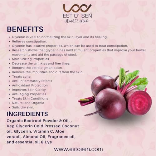 Estosen Beetroot Veg Glycerin Hand made Premium Soap - 100% organic - Organic Cucumber Powder &amp; oil - Veg Glycerin - Cold Pressed Coconut oil -100%Paraben - Free -Sulphate Free - No Synthetic Colours(FROM INDIA)JEZ - View 6 of 7