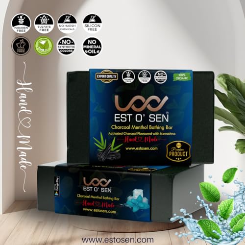 Estosen Handmade Activated Charcoal Menthol Premium soap - 100% organic - Activated Charcoal - Peppermint oil - Veg Glycerin - Cold Pressed Coconut oil -100%Paraben - Free -Sulphate Free - No Synthetic Colours 85GM (FROM INDIA)JEZ - View 2 of 7