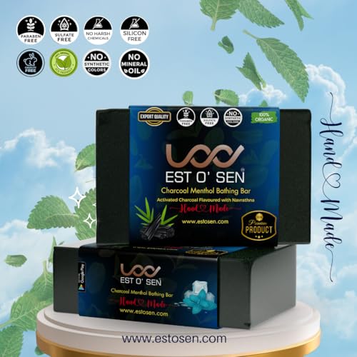 Estosen Handmade Activated Charcoal Menthol Premium soap - 100% organic - Activated Charcoal - Peppermint oil - Veg Glycerin - Cold Pressed Coconut oil -100%Paraben - Free -Sulphate Free - No Synthetic Colours 85GM (FROM INDIA)JEZ - View 5 of 7