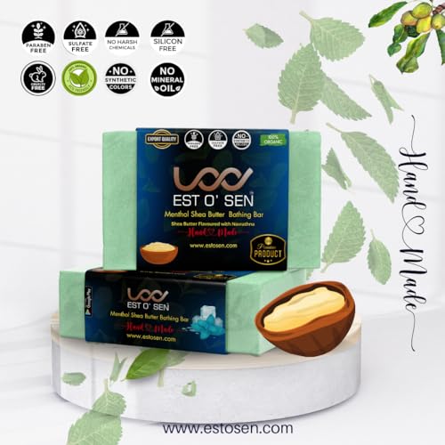 Estosen Menthol Shea Butter Premium Hand made Soap - 100% organic - Shea Butter - Peppermint oil - Veg Glycerin - Cold Pressed Coconut oil -100% Paraben - Free -Sulphate Free - No Synthetic Colours(FROM INDIA)JEZ - View 6 of 7
