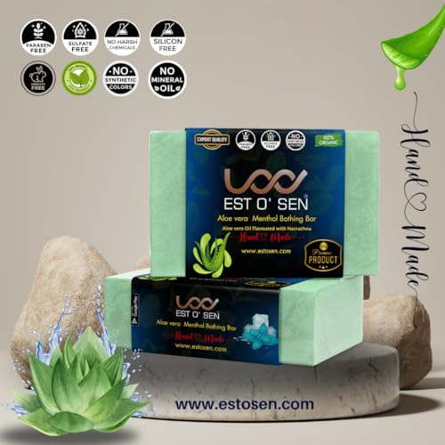Estosen Menthol Aloe vera Hand made Premium Soap- 100% organic - Aloe Vera powder &amp; Oil - Peppermint oil - Veg Glycerin - Cold Pressed Coconut oil -100% Paraben - Free -Sulphate Free - No Synthetic Colours(FROM INDIA)JEZ - View 2 of 7