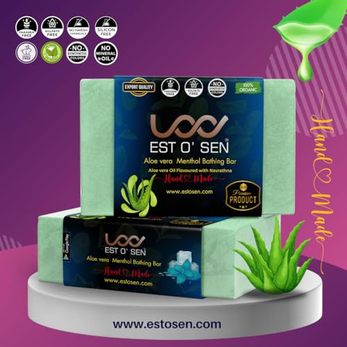 Estosen Menthol Aloe vera Hand made Premium Soap- 100% organic - Aloe Vera powder &amp; Oil - Peppermint oil - Veg Glycerin - Cold Pressed Coconut oil -100% Paraben - Free -Sulphate Free - No Synthetic Colours(FROM INDIA)JEZ - View 5 of 7