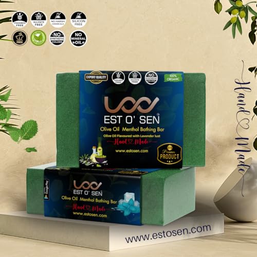 Estosen Olive oil Menthol Premium Hand-made soap - 100% organic - Olive oil - Peppermint oil - Veg Glycerin - Cold Pressed Coconut oil -100% Paraben - Free -Sulphate Free - No Synthetic Colours(FROM INDIA)JEZ - View 2 of 7