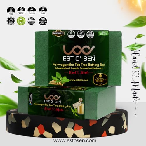 Estosen Ashwagandha Tea Tree Premium Handmade soap - 100% organic - Tea tree oil - Manjistha Powder - Veg Glycerin - Cold Pressed Coconut oil -100% Paraben - Free -Sulphate Free - No Synthetic Colours(FROM INDIA)JEZ - View 2 of 7