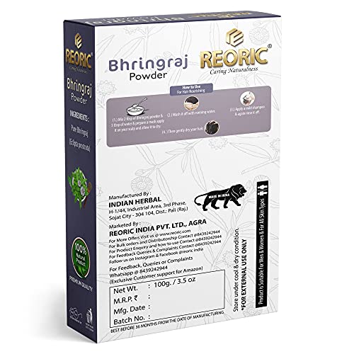 Reoric Bhringraj Powder |Eclipta Alba Powder For Hair Care |Organic Bhringraj Powder |Organic Karnataka Bhringraj (False Daisy) Leaf Powder for Skin and Hair (100g, Pack of 1) (FROM INDIA)SAB - View 2 of 7