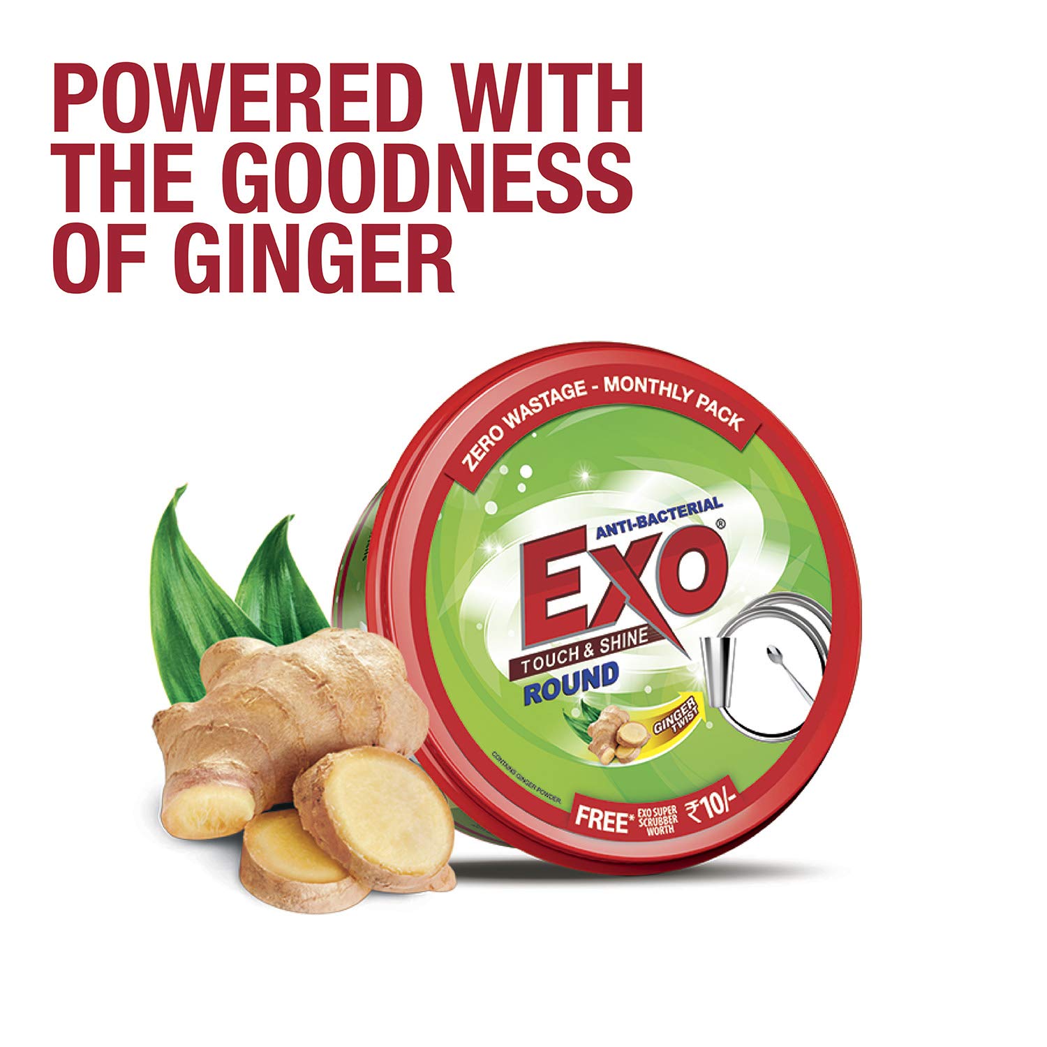 Exo Round Dishwash Bar 500g with Rs 10 Exo Super Scrubber Free | Complete dishwashing solution with Anti-bacterial efficacy & Goodness of Ginger | Remove tough grime stains with Ease. - View 2 of 2