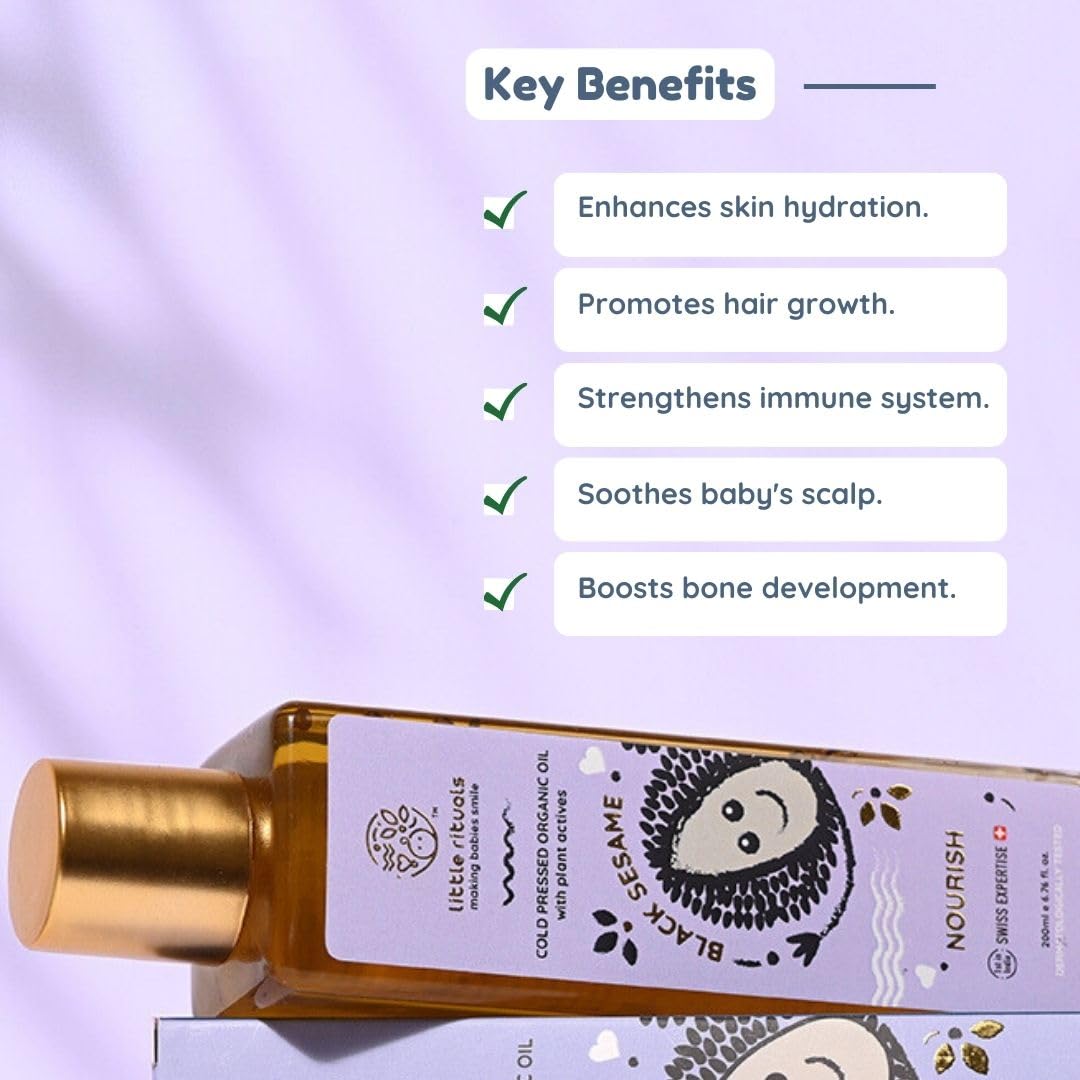 Little Rituals BLACK SESAME - BABY MASSAGE OIL Certified Organic, Wood Cold-Pressed for Skin and Hair with SWISS Plant Actives - 200 ml. Dermatologist Tested by Pediatrics, Mild & Gentle & Safe - Shop at Colombo Mall