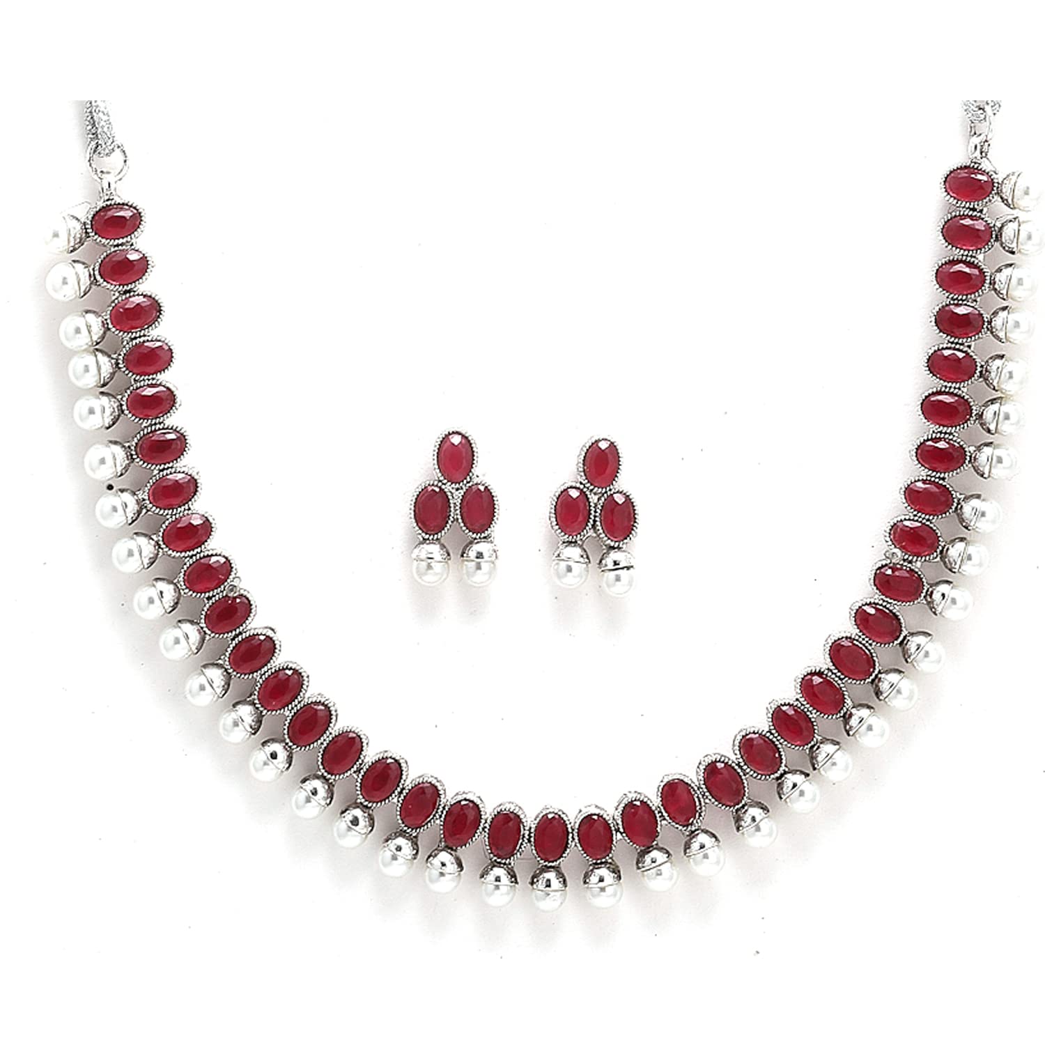 ZENEME Antique Oxidised Silver Plated Traditional Temple Coin Red American Diamond Studded Necklace With Earrings Jewellery For Women & Girls - Shop at Colombo Mall