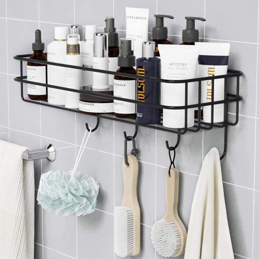 GREEMITO Bathroom Rack - Bathroom Shelves - Kitchen Storage – Multipurpose Rack And Shampoo Holder With 4 hook - Adhesive Shower Caddy Metal Shelf Without Drilling (Black) - Related product