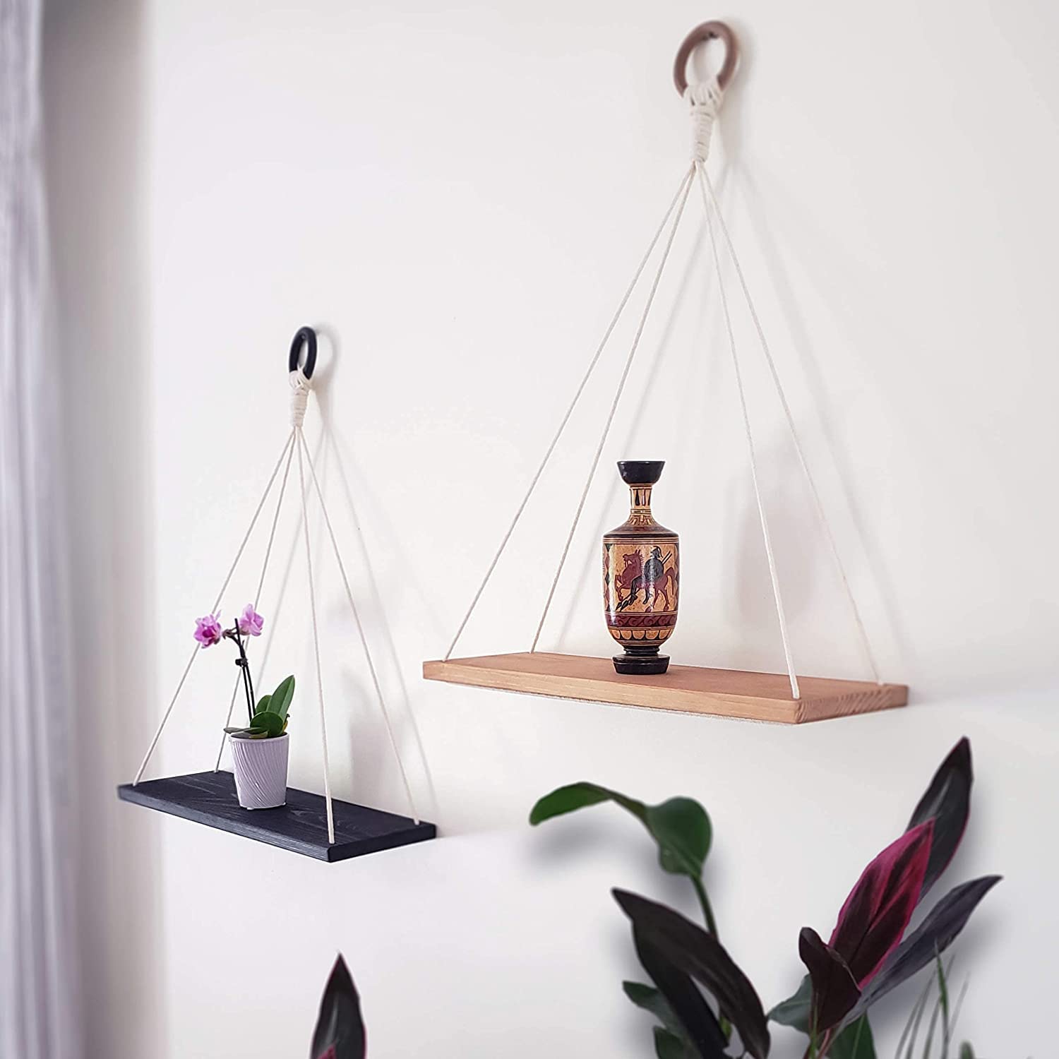 HandiCraft Home Decor Itams, Macrame Hanging Shelves, Wooden Wall Shelves with Handmade Woven Hanger, Pack of 2 Rope Floating Shelf for Photo Frames, Small Plants, Boho Home Decor for Home Decoration - View 2 of 2