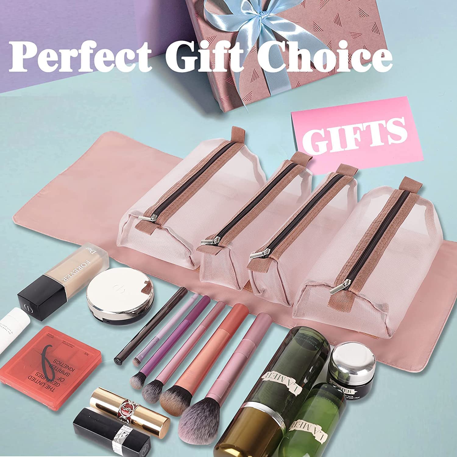 Skylike Makeup Pouches for Women | Roll Up Makeup Hanging Bag | Folding Travel Toiletry Bag with 4 Compartments | Detachable Cosmetic Organizer (Pink) - View 2 of 2