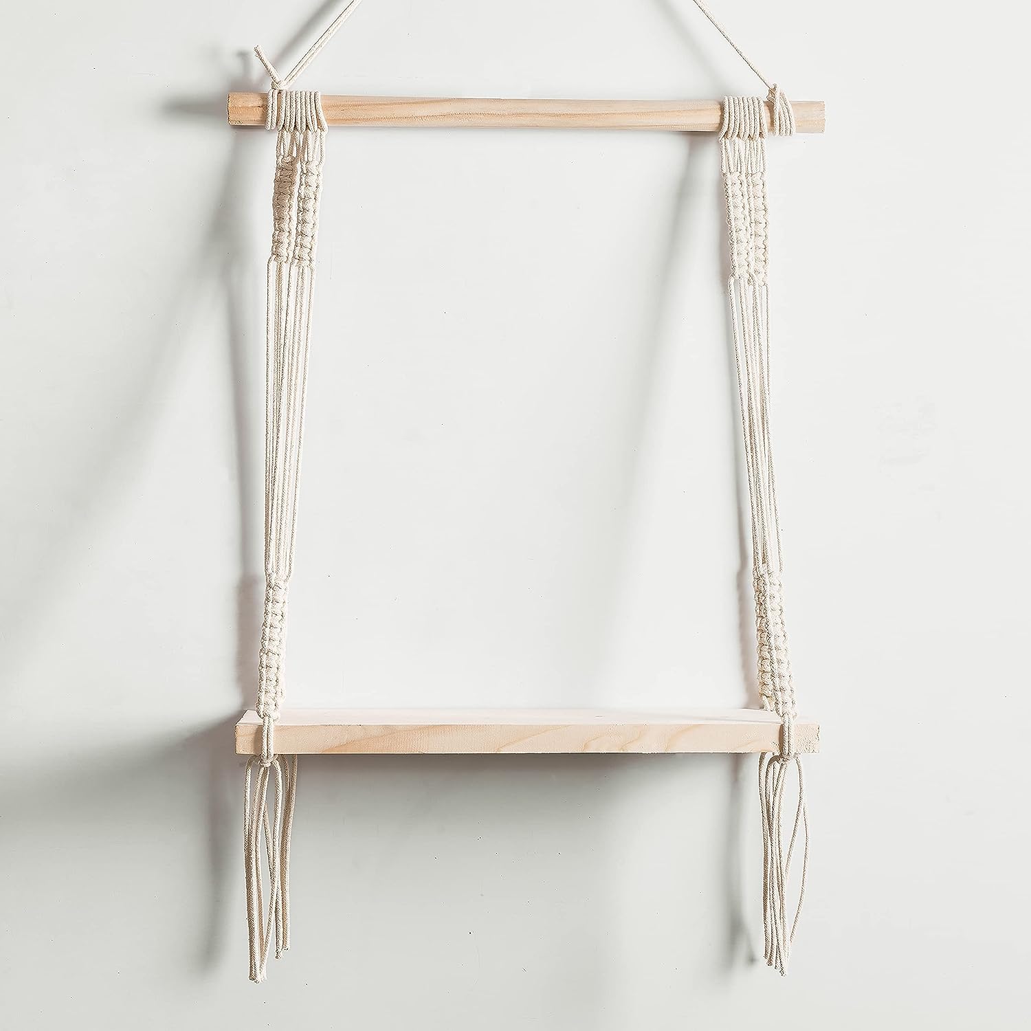 Decazone ® Macramé Wall Hanging Shelf Pine Wood Floating Shelve with Wooden Dowel Modern Chic Woven Décor for Dorm Living Room Nursery Beige 55 x 43cm - Shop at Colombo Mall