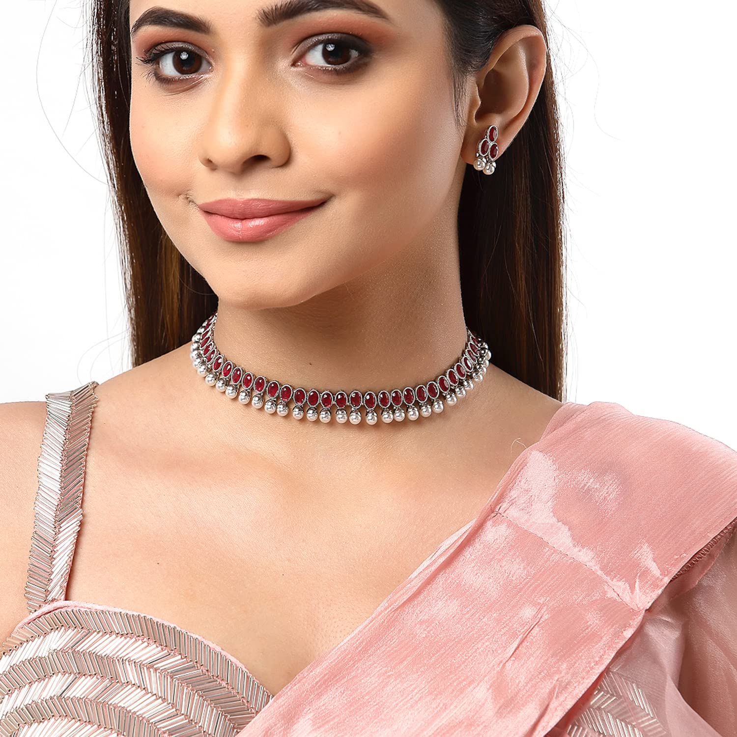 ZENEME Antique Oxidised Silver Plated Traditional Temple Coin Red American Diamond Studded Necklace With Earrings Jewellery For Women & Girls - View 2 of 2