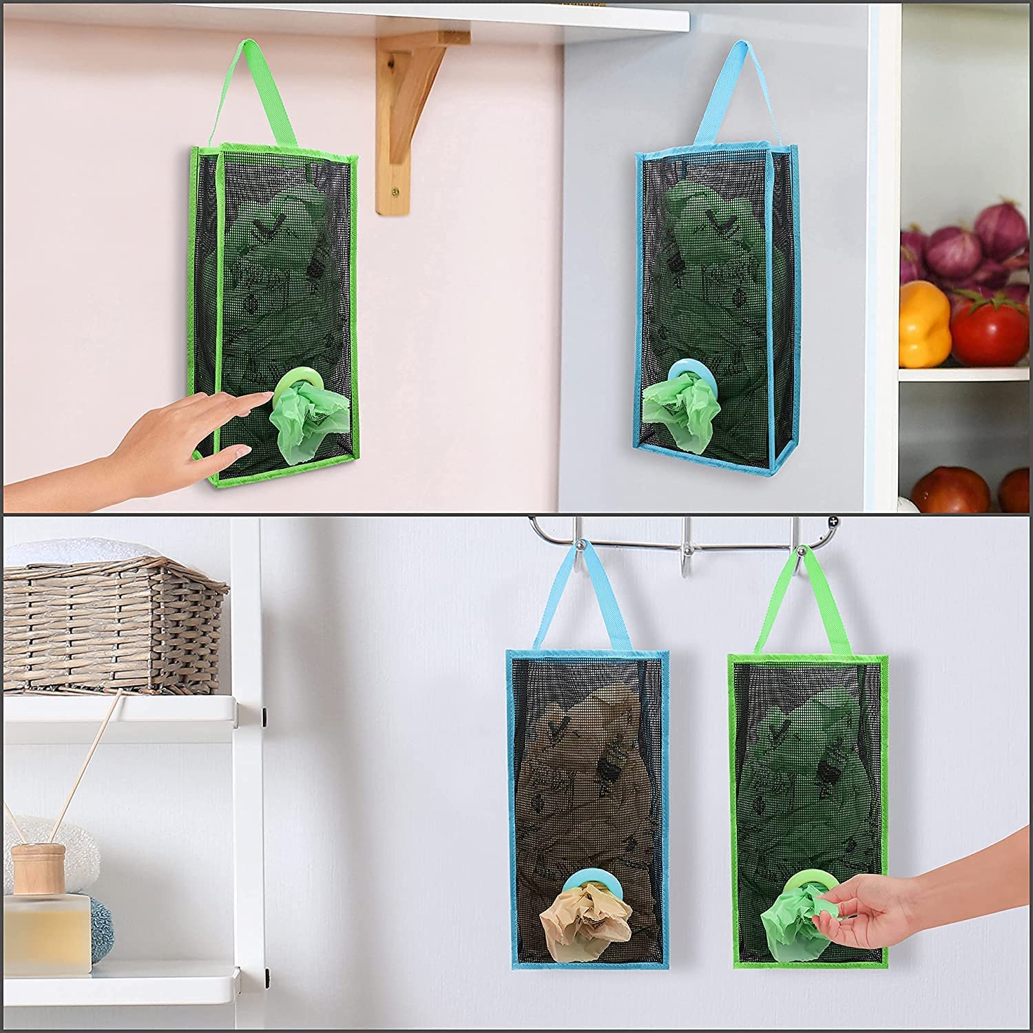 Zobano Mesh Reusable Net Hanging Breathable Garbage Grocery Shopping Cloth Bag Storage Dispenser Holder Pouch- Trash Bag Organizer for Kitchen Home - Pack of 2-19.5 x 37 x 9.5 cm, Polypropylene - Image 2