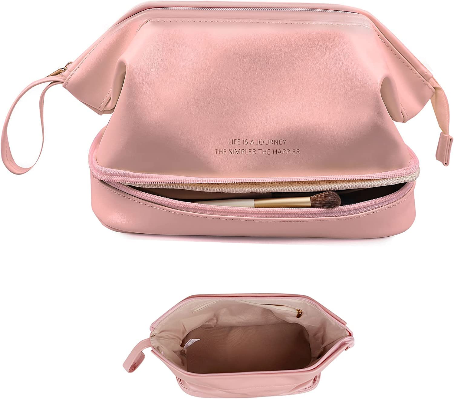 REWOP Travel Makeup Bag, Double Layer Cosmetic Bag, Large Zipper Pouch Makeup Organizer Bag, Waterproof Leather Makeup Bag, Portable Leather Toiletry Bag for Women and Girls (Pink) - Shop at Colombo Mall