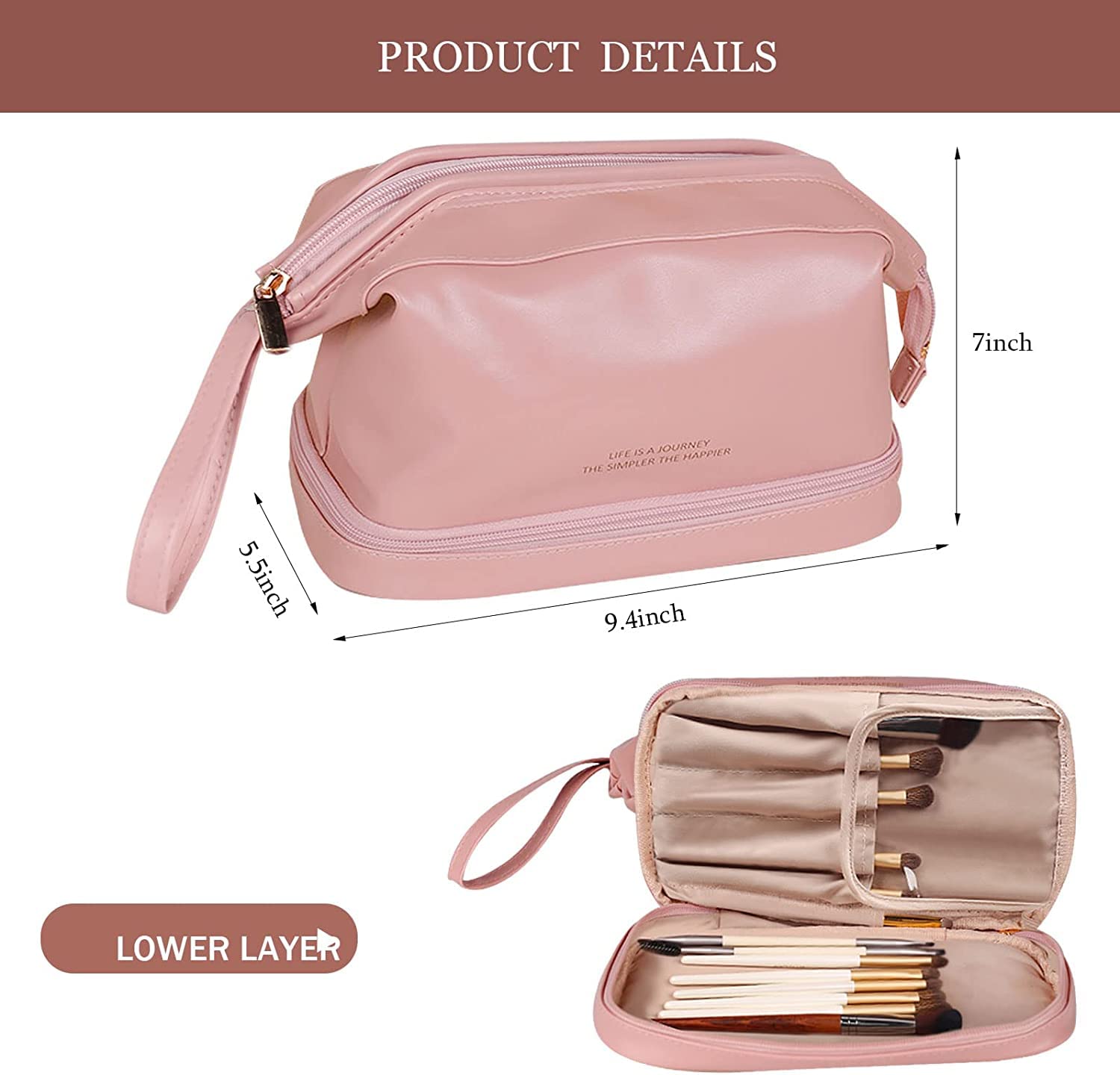 REWOP Travel Makeup Bag, Double Layer Cosmetic Bag, Large Zipper Pouch Makeup Organizer Bag, Waterproof Leather Makeup Bag, Portable Leather Toiletry Bag for Women and Girls (Pink) - View 2 of 2