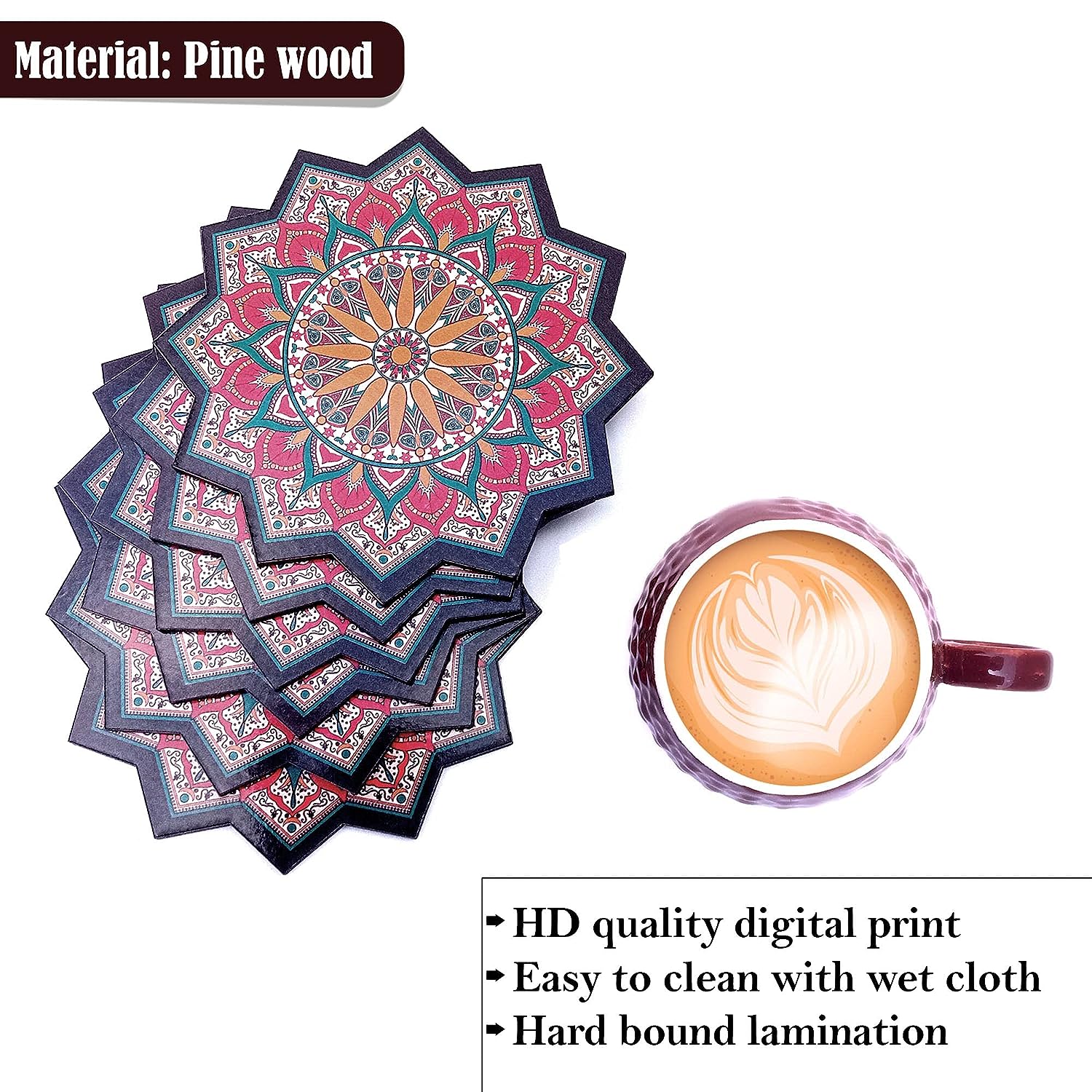 RAG28 Designer Pine Wood Mandala Printed Coasters for Cups Set of 6-C2 - Image 2