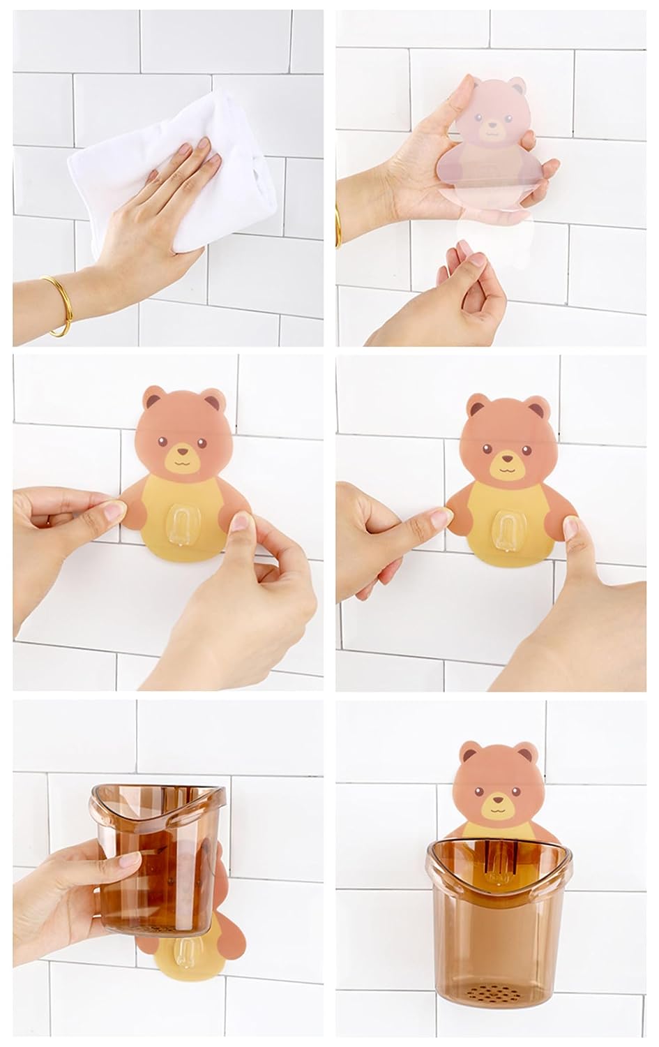 Wolpin Toothbrush Holder (Set of 3 Pcs) Plastic Stand for Toothpaste, Comb, Brush, Cream, Lotion Kids Bathroom Cup Drain Waterproof Self-Adhesive, Teddy Bear - View 2 of 2