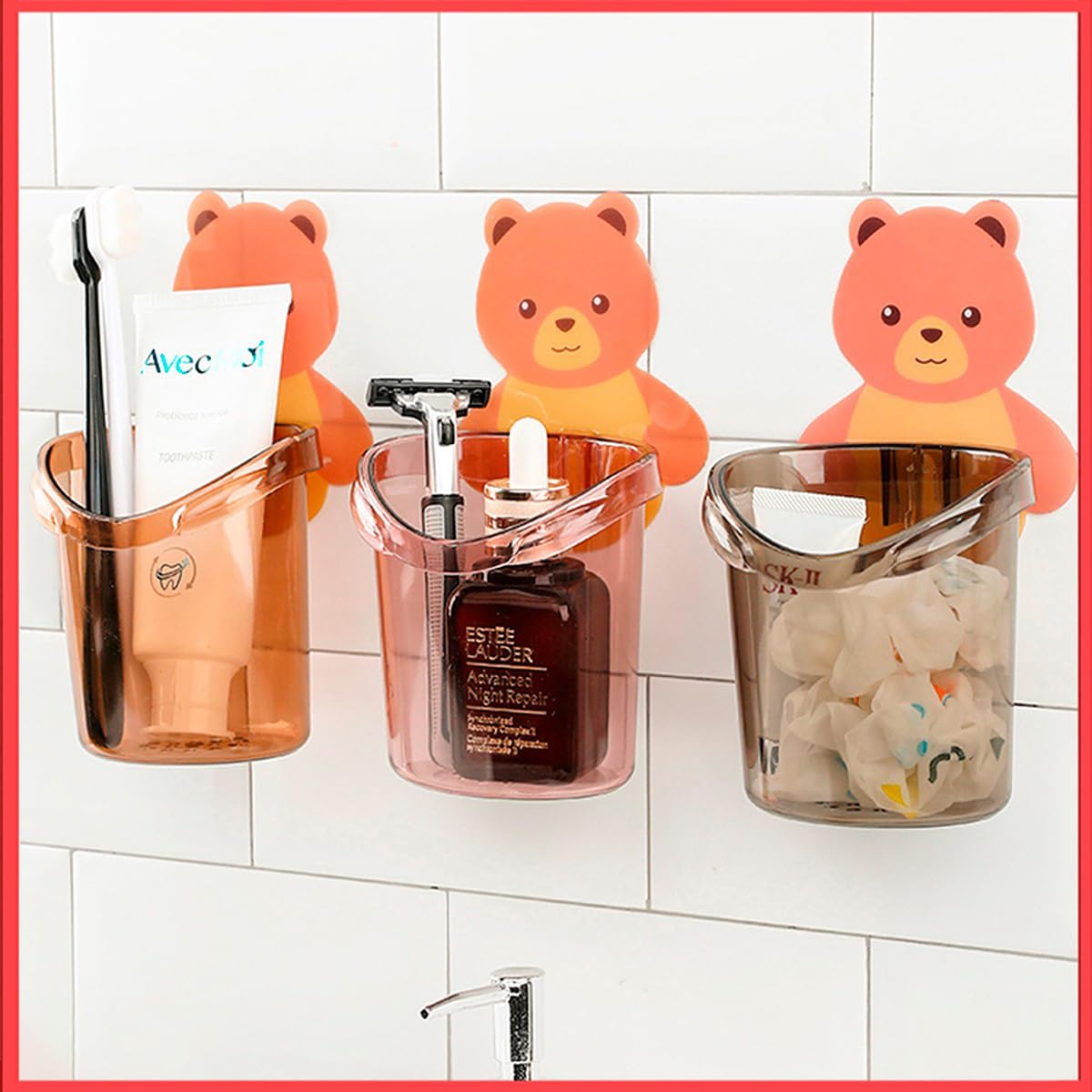 Wolpin Toothbrush Holder (Set of 3 Pcs) Plastic Stand for Toothpaste, Comb, Brush, Cream, Lotion Kids Bathroom Cup Drain Waterproof Self-Adhesive, Teddy Bear - Shop at Colombo Mall