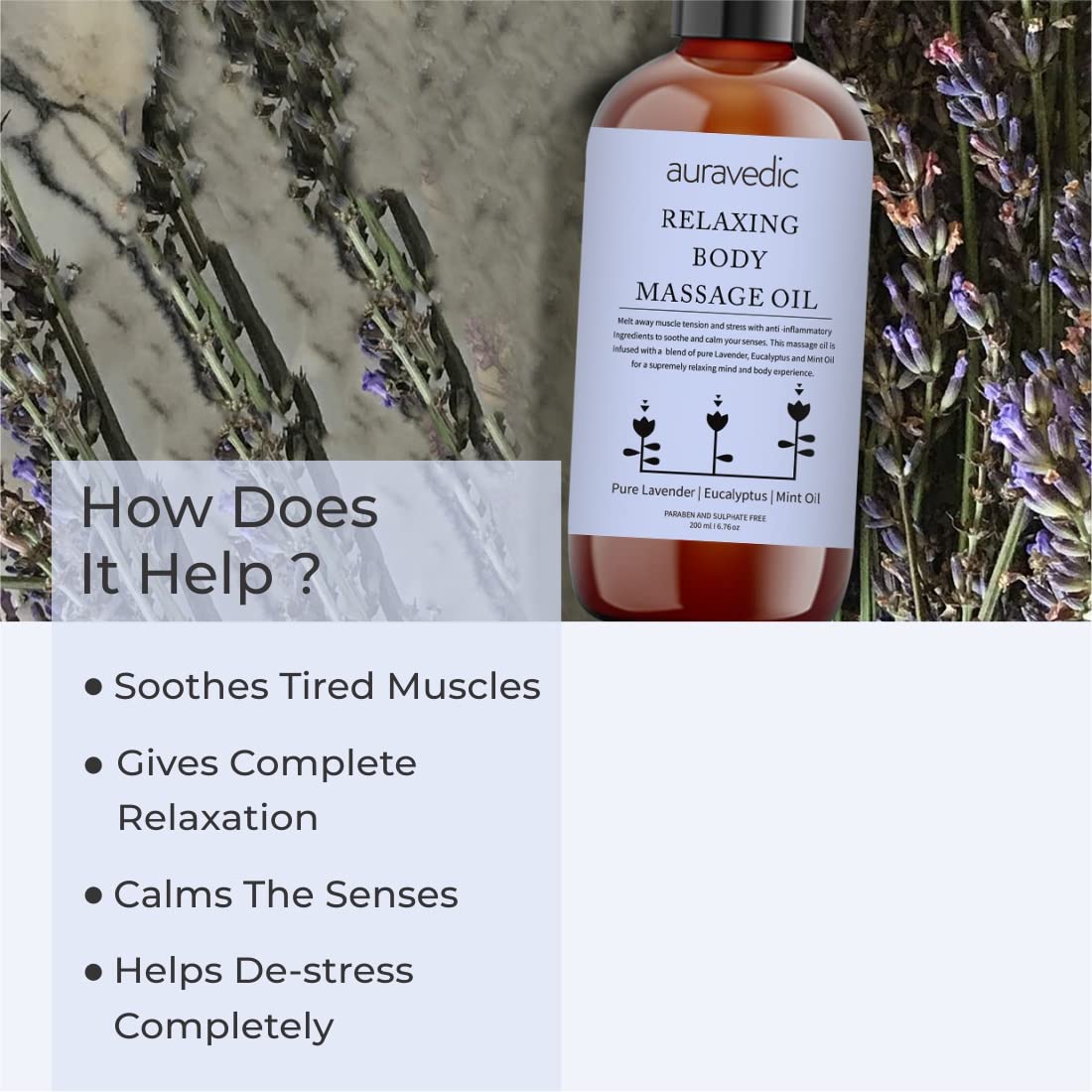 Auravedic Relaxing Massage oil for full body 200 ml Massage oil with Lavender oil, Eucalyptus oil, Mint oil. Soothing and Destressing body massage oil for women and men - View 2 of 3