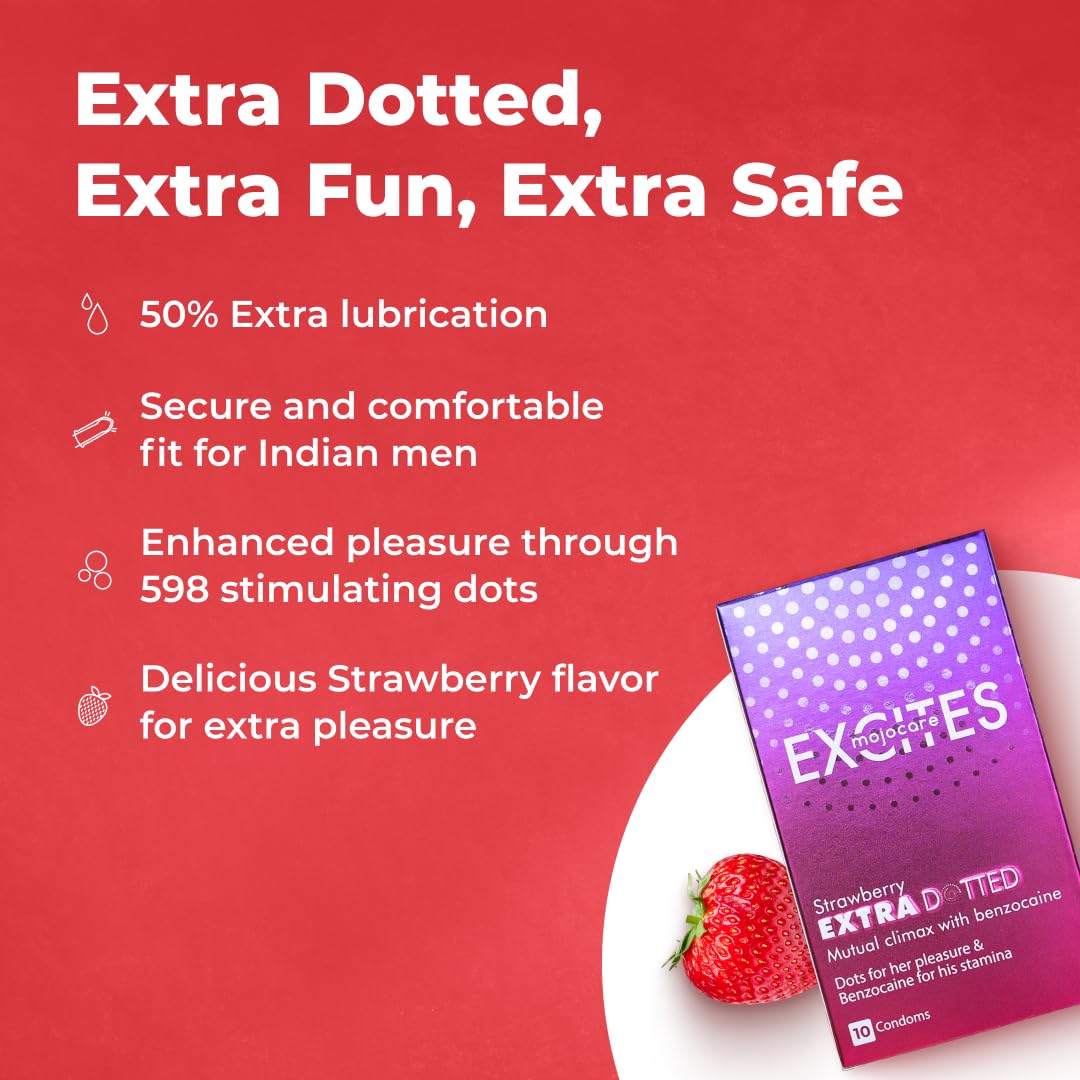 Mojocare Excites Extra Dotted Strawberry Condoms for Men - 10 Sheets | Enhanced Stimulation | Improve Endurance| Extra Lubrication | Strawberry Flavor | 598 Dots Pack of 1 - View 2 of 3