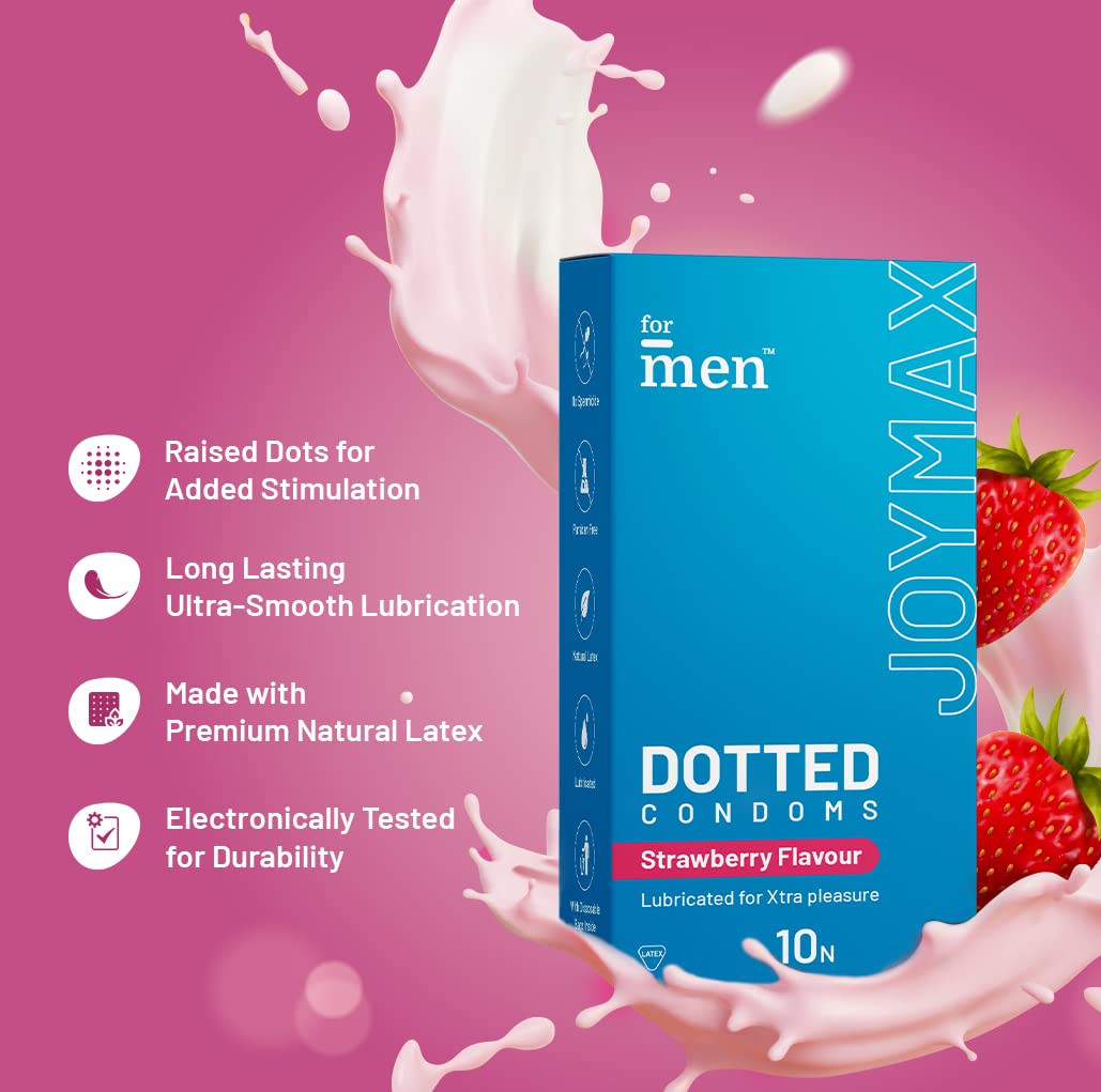 ForMen JOYMAX Dotted & Lubricated Condoms for Men | 540 Big Dots, 100% Electronically Tested for Durability | 10 Disposable Pouches | Strawberry Flavour - 10 Count - View 3 of 3