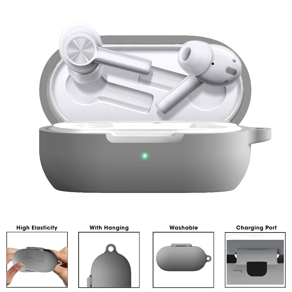 Sounce Earphone Case Cover Compatible for OnePlus Buds Z2, Soft Silicone Skin Case Cover Shock-Absorbing Protective Case with Keychain [Front LED Visible](Grey) - View 2 of 3