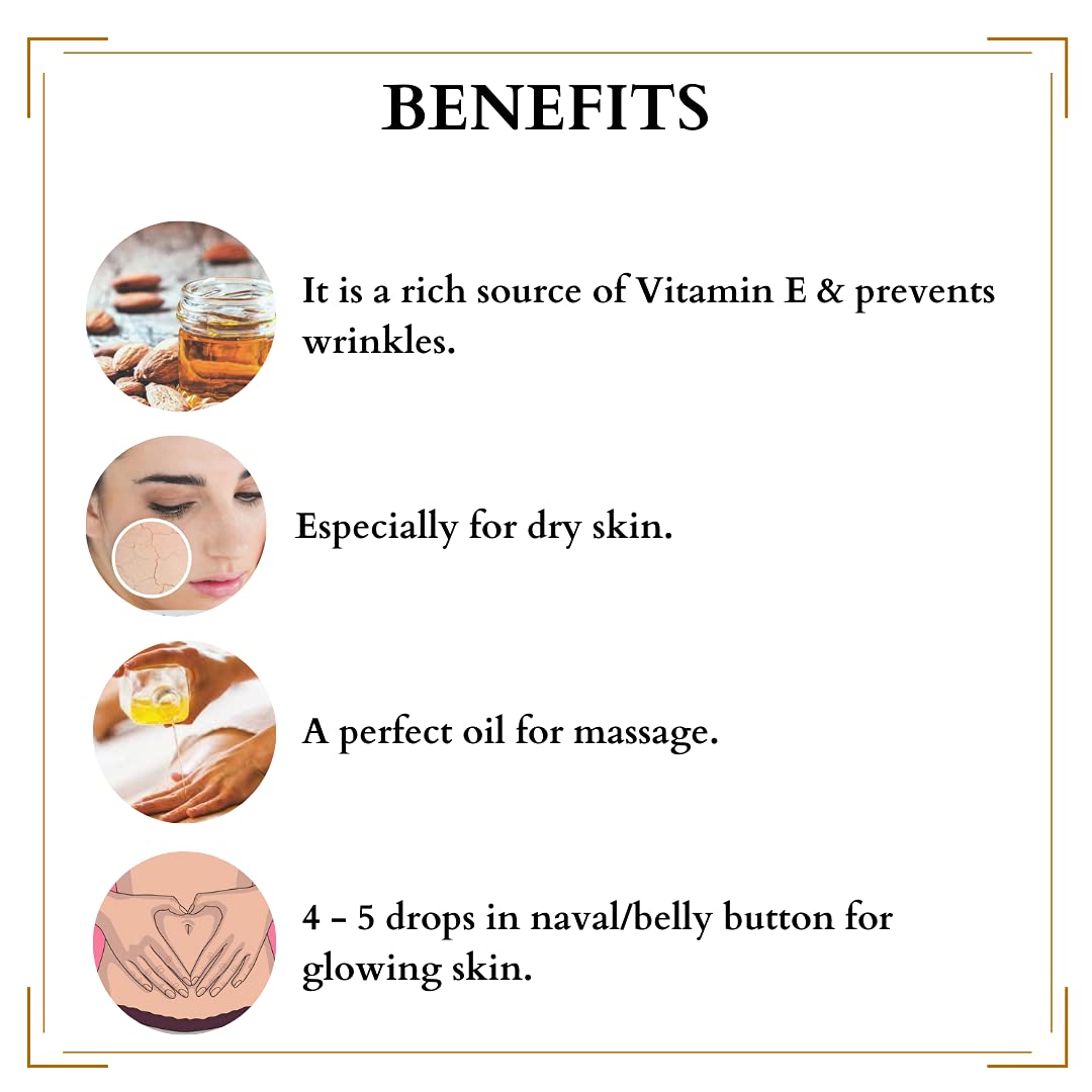 Sugandhim Almond Body Massage Oil, 1 x 100ml, 100% Cold Pressed Almond Kernels Oil, Ayurvedic Approved, Aromatherapy, Natural Oil, Rich In Vitamin E Mineral Vitamins & Proteins, Relieves Dryness, Soothes Skin, Glowing Skin, Powerful Anti Fungal Properties, Light, Soothing, Nutrients, Unrefined & Virgin, Popular Massage Oil Among Massage Therapists, Made In India - View 2 of 3