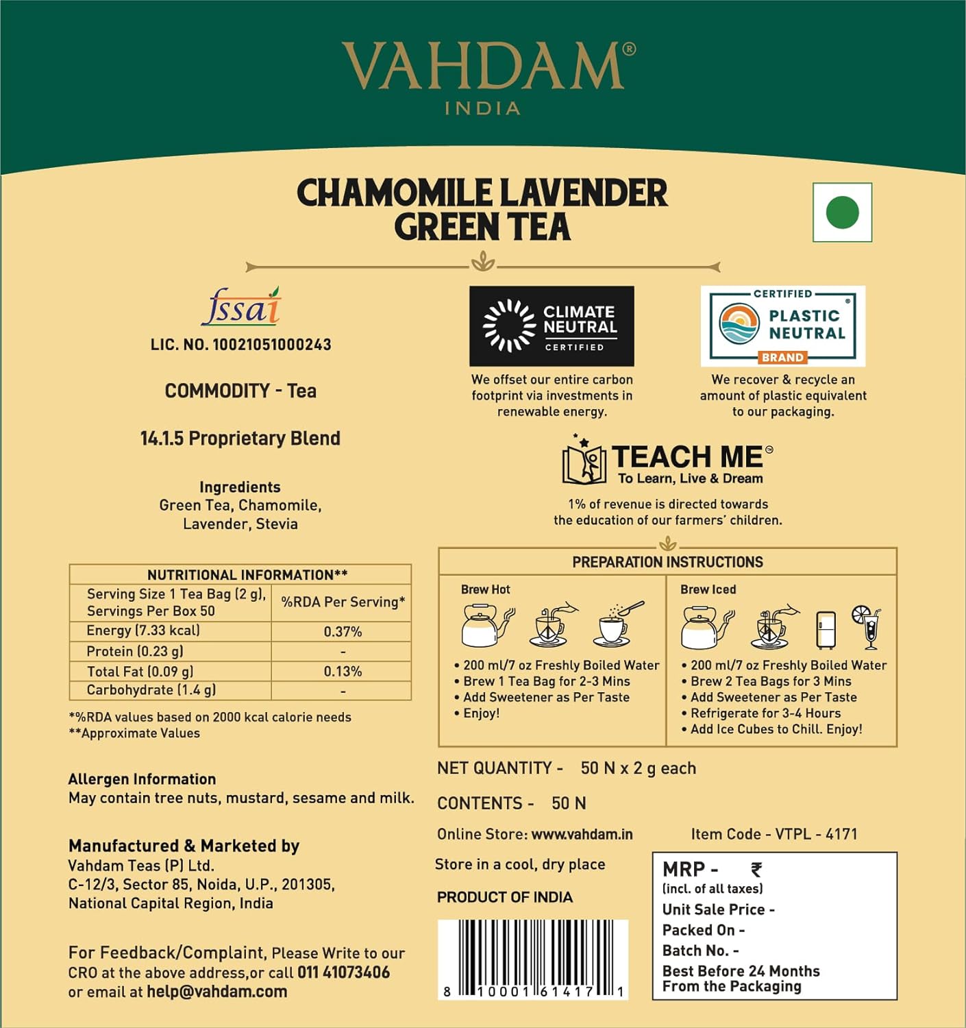 VAHDAM Chamomile Lavender Tea Bags - 50 Units | 100% Fresh and Chamomile Tea, 50 Pyramid Tea Bags - View 2 of 4