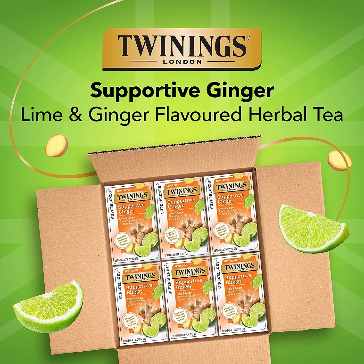 Twinings Superblends Supportive Ginger Lime &amp; Ginger Flavoured Herbal Tea, Caffeine-Free, Supports Healthy Immune System, 18 Tea Bags - View 4 of 4