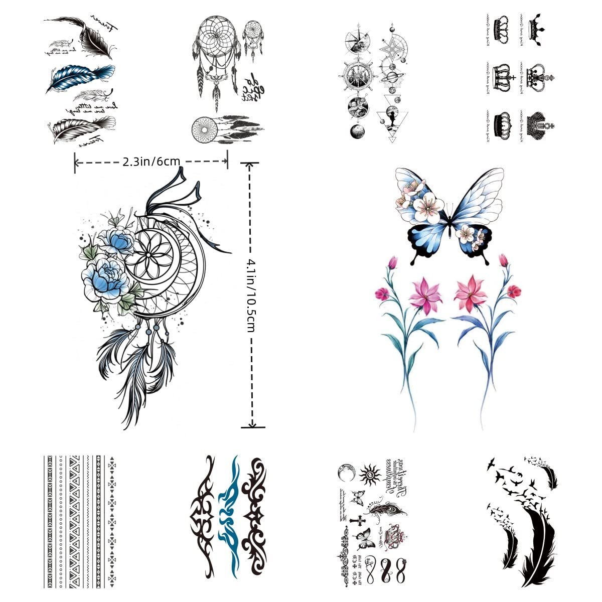 Temporary Tattoo Stickers for Women,Fake Tattoos Waterproof Body Art Arm Sketch Tattoo Stickers dream catcher peacock feather Words flower 3D Realistic Tatoo Stickers for Women and men (10 Sheets) - View 2 of 3