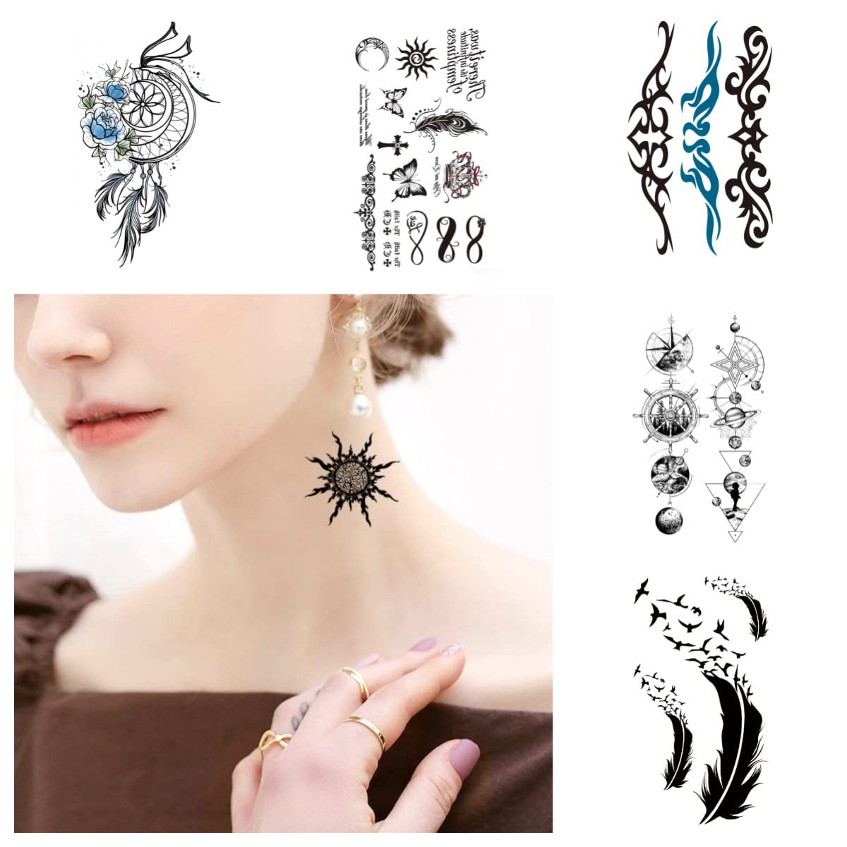 Temporary Tattoo Stickers for Women,Fake Tattoos Waterproof Body Art Arm Sketch Tattoo Stickers dream catcher peacock feather Words flower 3D Realistic Tatoo Stickers for Women and men (10 Sheets) - View 3 of 3