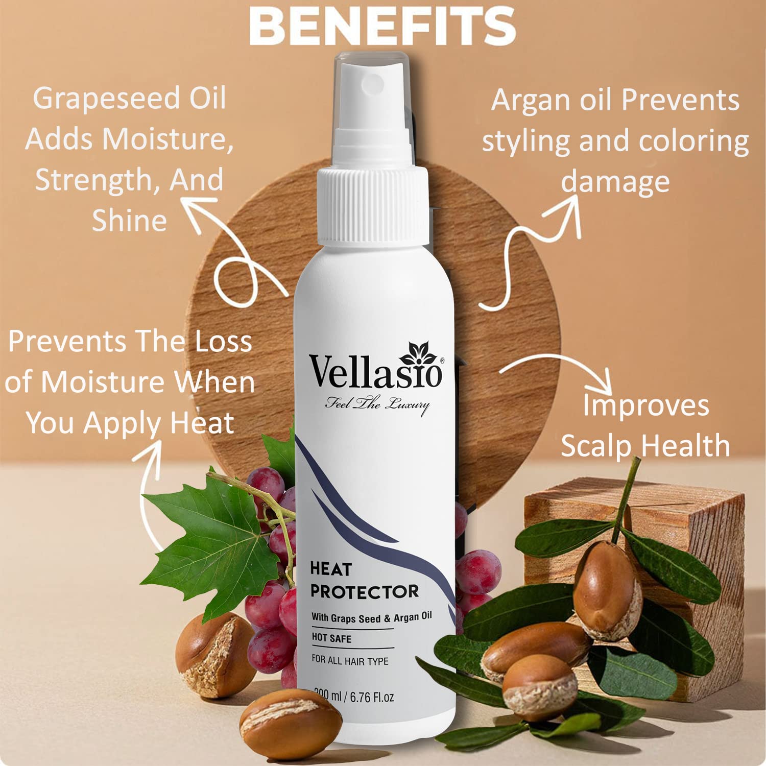 Vellasio Natural Hair Heat Protection Spray For Hair Straightener With Moroccan Argan oil And Grapes Seed Oil No Sulphate, No Paraben Hair Spray for Straightening Men and Women - View 2 of 3