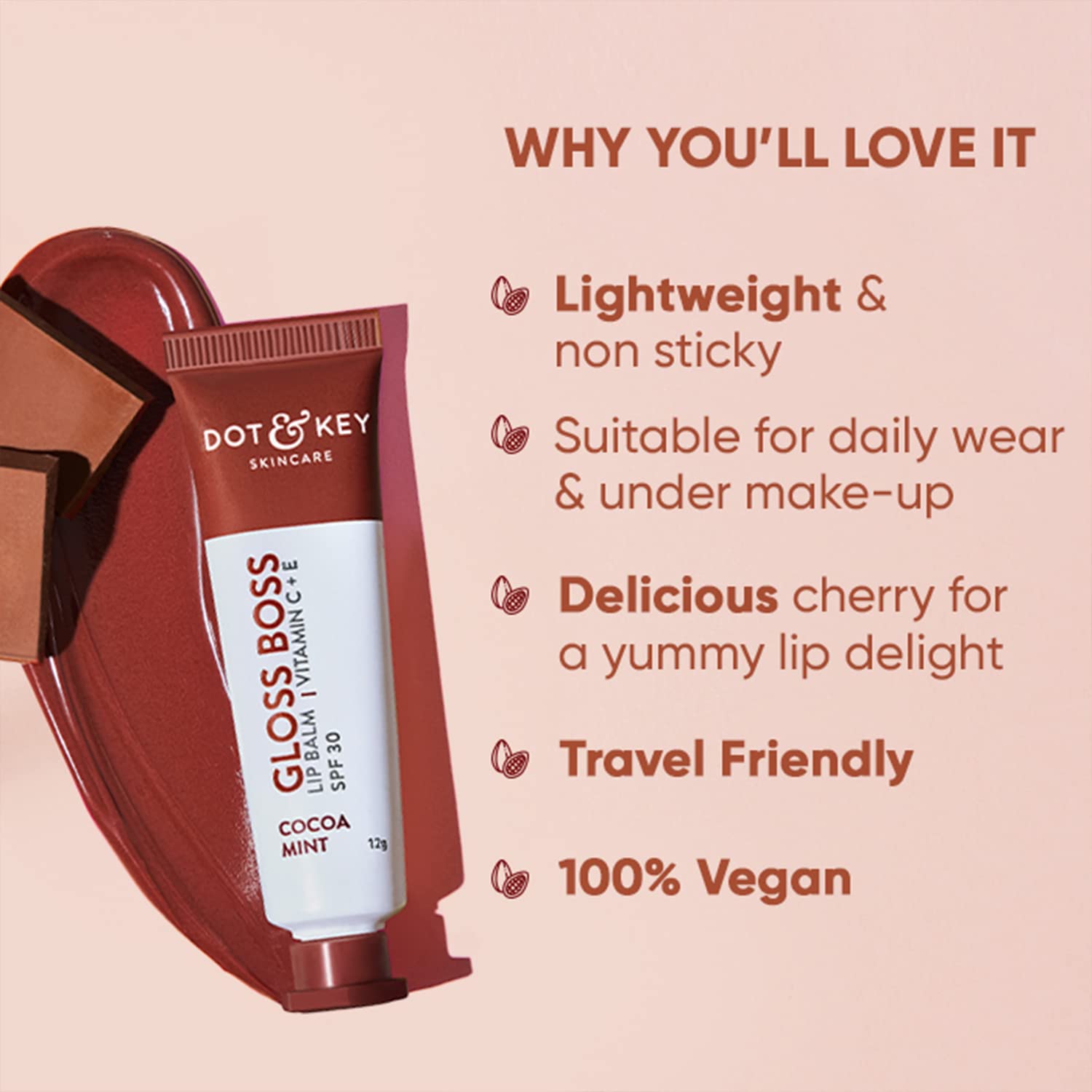 Dot &amp; Key Cocoa Lip Balm with Shea Butter for Naturally Glowing and Hydrated Lips | With SPF 30 for Sun Protection + Vitamin C + E | Lipbalm for Dry &amp; Dark Lips to Lighten | For Women | 12gm - View 4 of 7