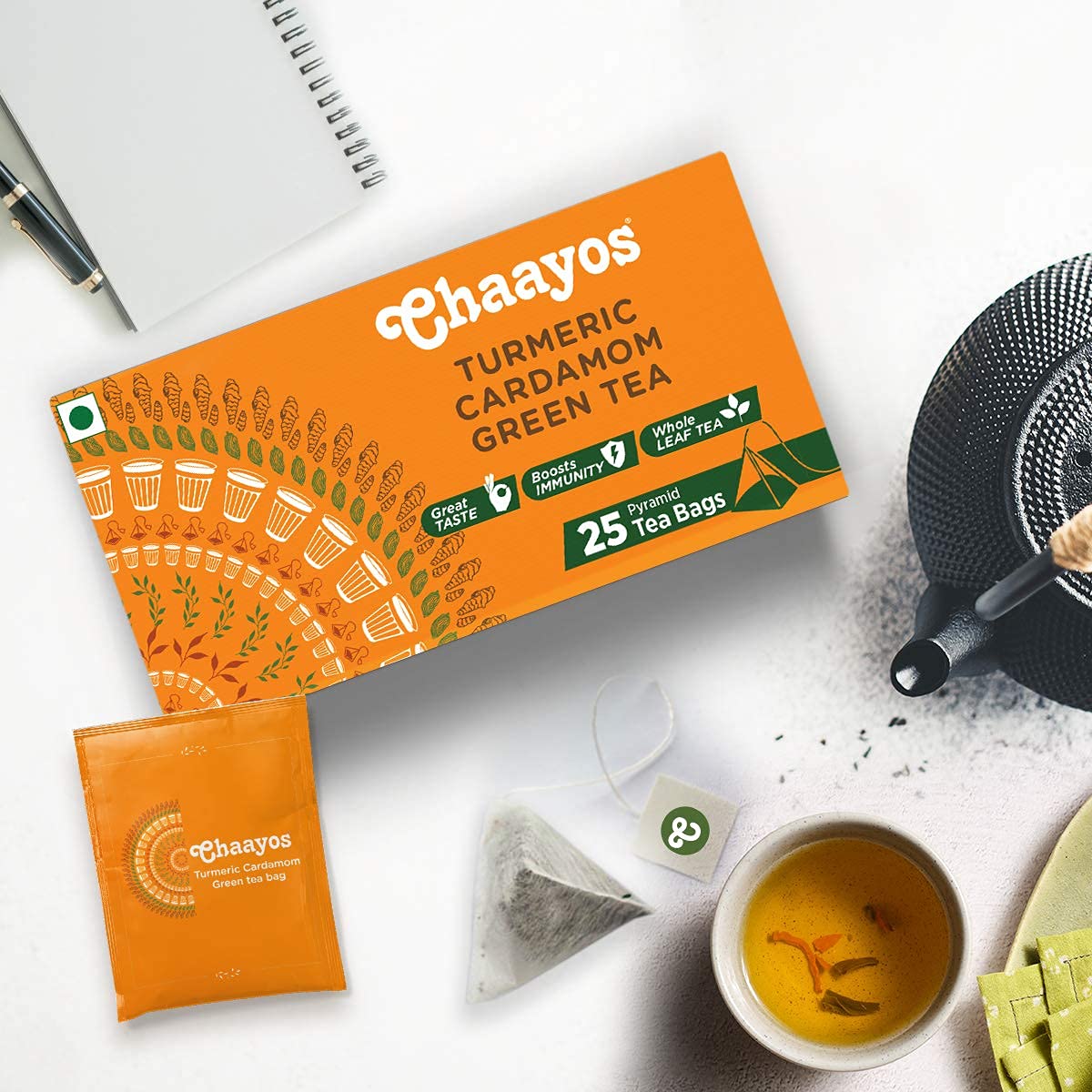 Chaayos Green Tea Bags - Turmeric Cardamom (25 Pyramid Tea Bags) | Turmeric and Cardamom Flavoured Green Tea | Green Tea | Herbal Tea | Green Tea Leaves | Detox Green Tea - View 4 of 4