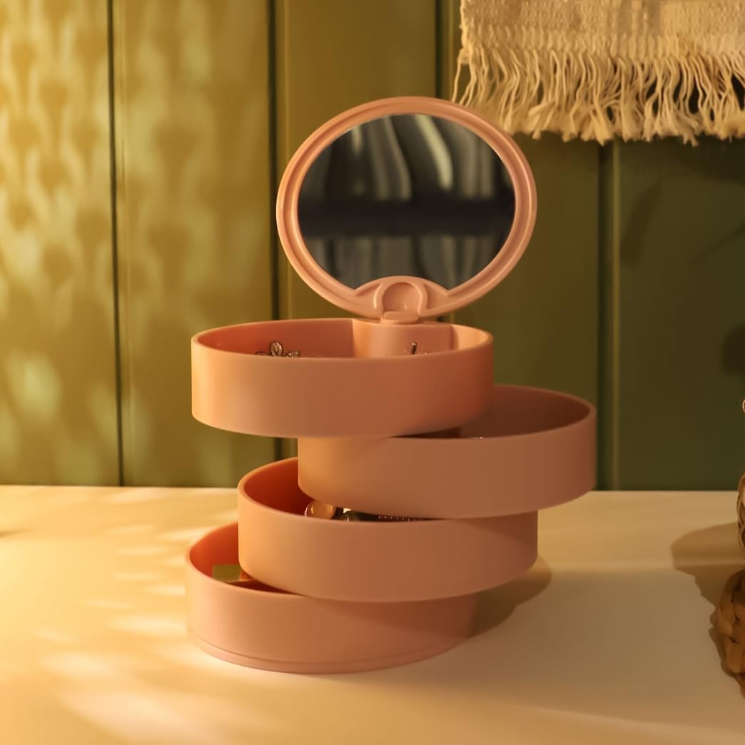 MeeTo Jewelry Organizer, Small Jewelry Storage Box Earring Holder for Women, 4-Layer Rotating Travel Jewelry Tray Case with Mirror Lid for Bracelets Rings, Cosmetics Accessory, Random Color, PC1