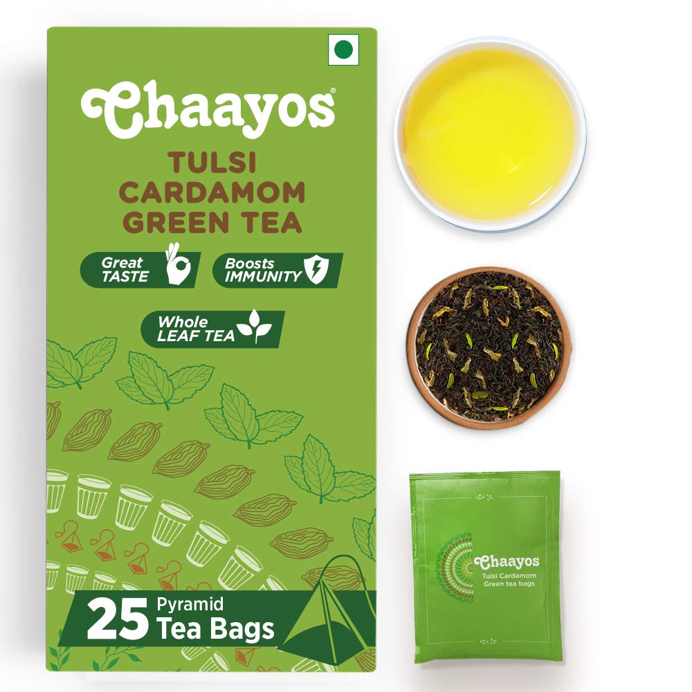 Chaayos Green Tea Bags - Tulsi Cardamom (25 Pyramid Tea Bags) | Tulsi and Cardamom Flavoured Green Tea | Green Tea | Herbal Tea | Tulsi Green Tea | Detox Green Tea - Shop at Colombo Mall